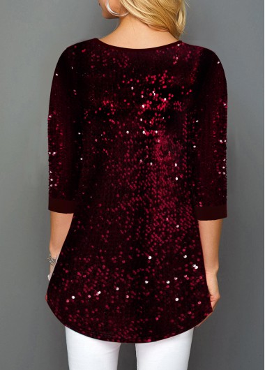 Wine Red tops,Plain Color tops,ROTITA Sequin Panel Wine Red Button Detail T Shirt
