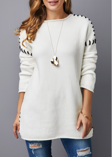Long Sleeve White Round Neck Sweater