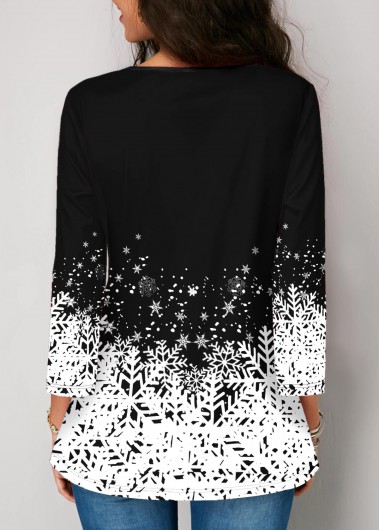Black tops,Floral tops,ROTITA Christmas Snowflake Print 3/4 sleeve Button Detail Blouse