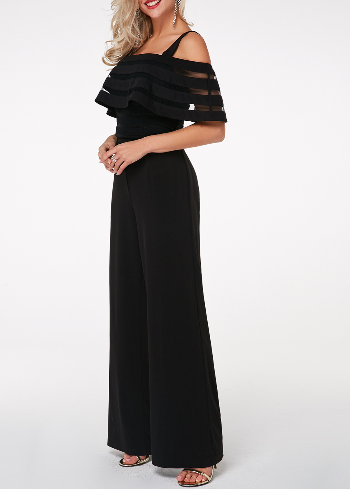 overlay embellished strappy cold shoulder black jumpsuit