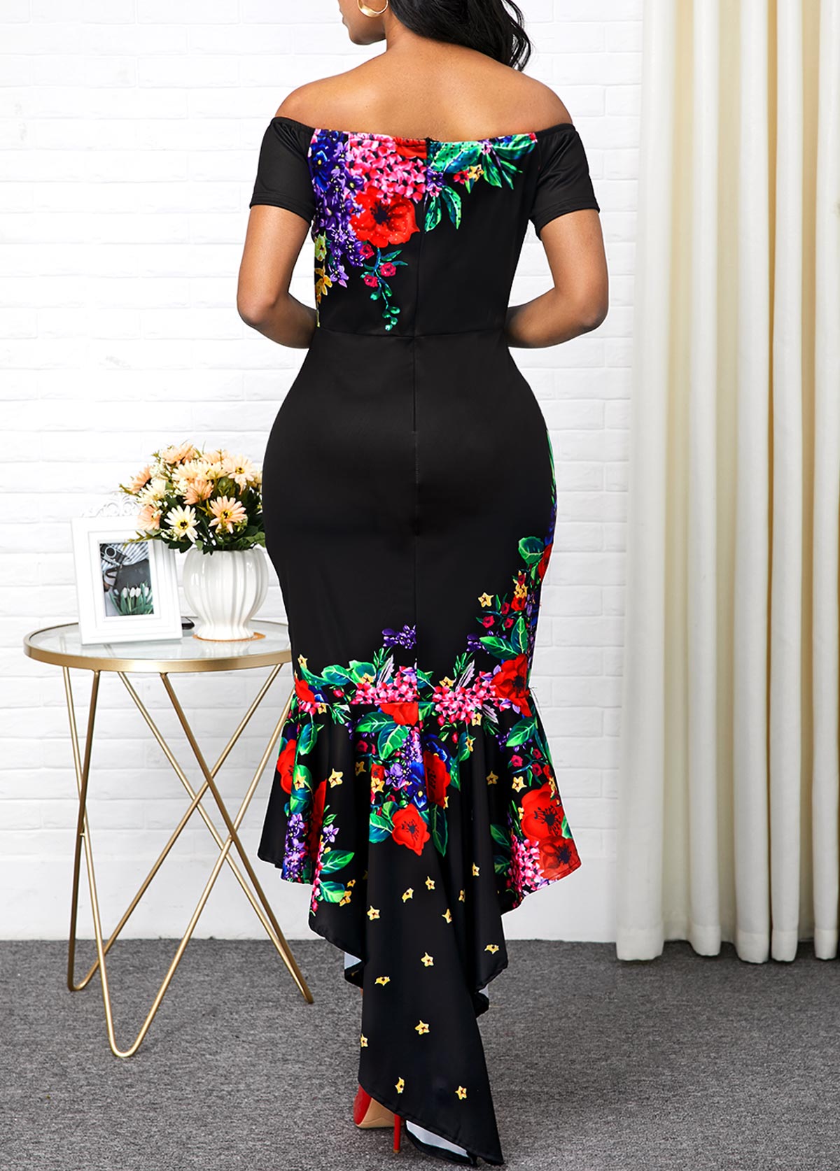 asymmetric hem retro flower print off the shoulder dress