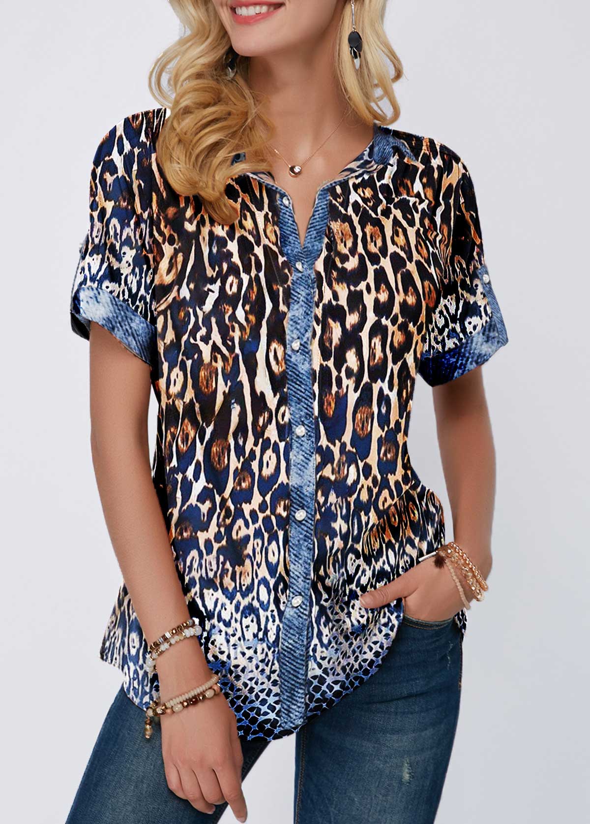 Multi Color tops,Leopard tops,ROTITA Turndown Collar Button Front Leopard Print Blouse