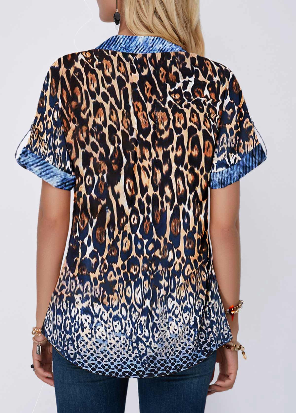 Multi Color tops,Leopard tops,ROTITA Turndown Collar Button Front Leopard Print Blouse