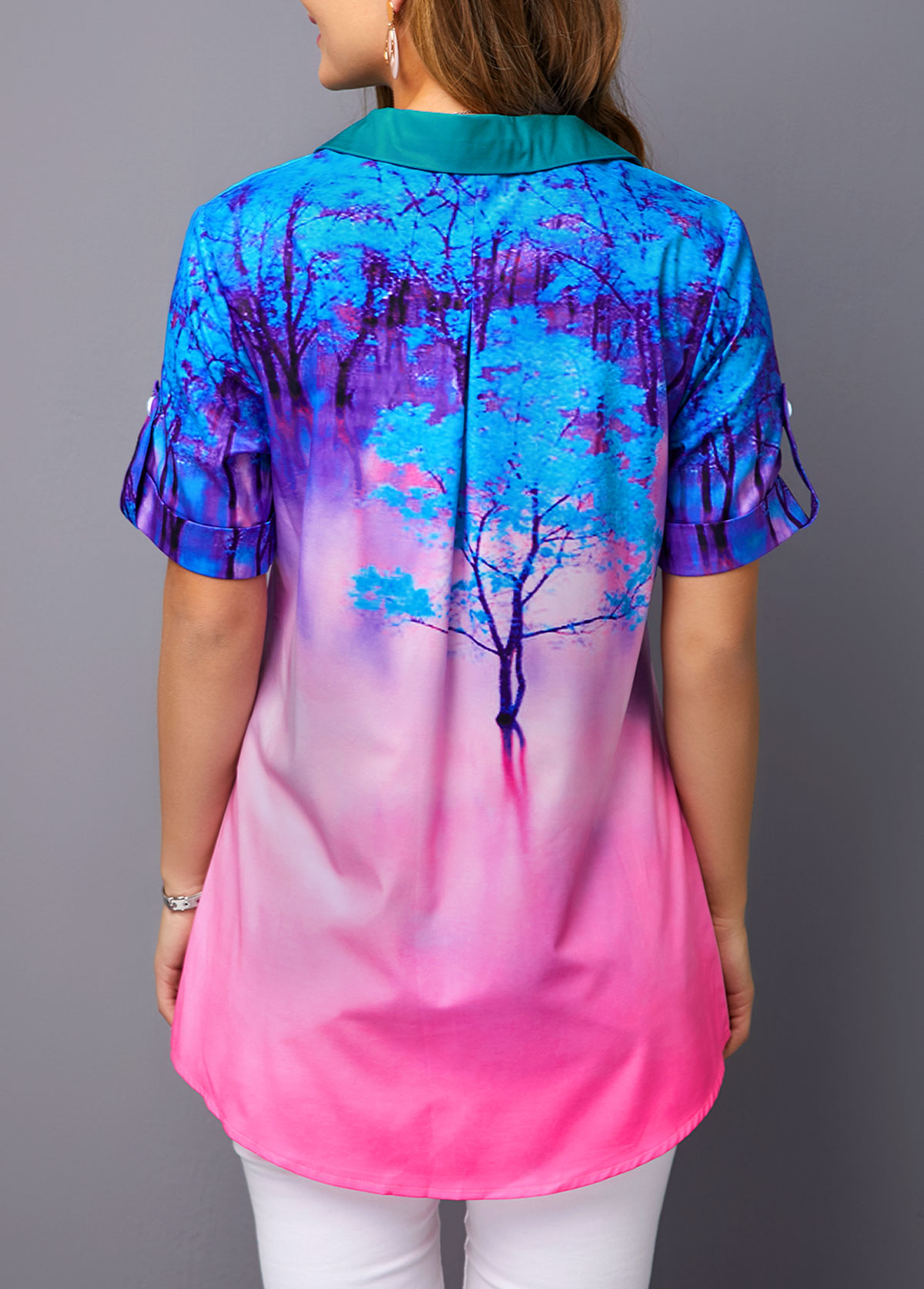 Pink tops,Floral tops,ROTITA Color Block Sleeve Printed Button Detail Blouse