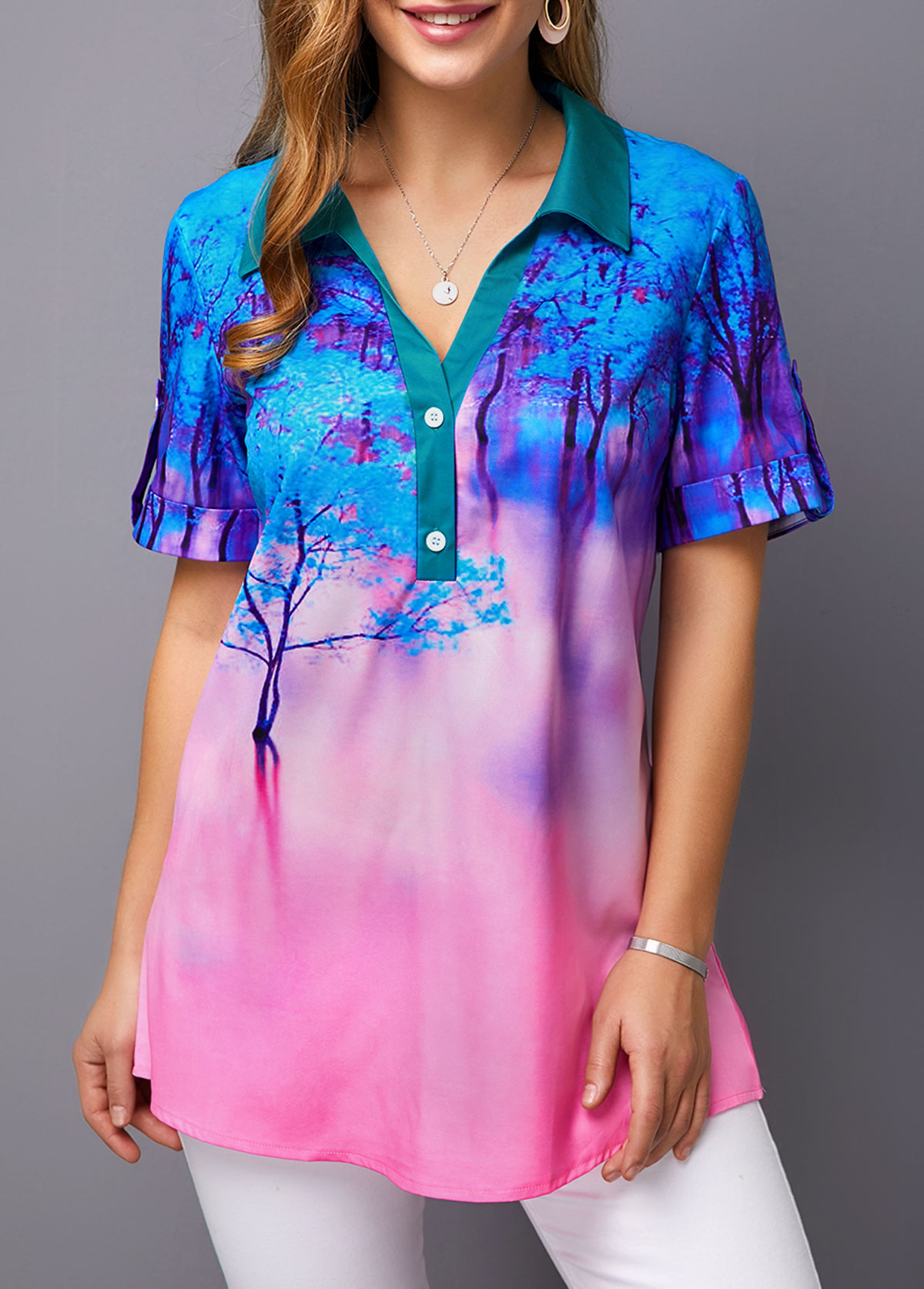 Pink tops,Floral tops,ROTITA Color Block Sleeve Printed Button Detail Blouse