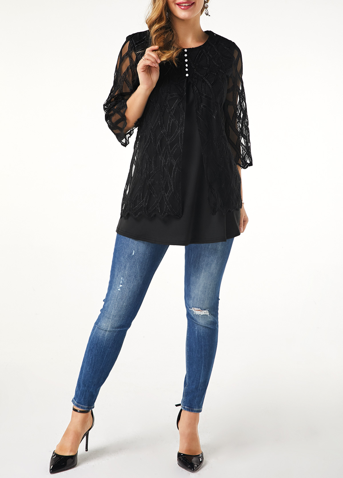 Black tops,Plain Color tops,ROTITA Button Detail Lace Panel Round Neck T Shirt
