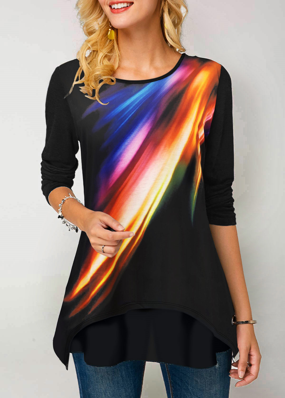ROTITA Printed Long Sleeve Round Neck Rainbow Color T Shirt