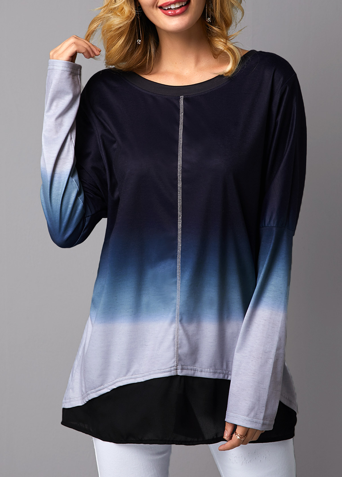 ROTITA Long Sleeve Round Neck Asymmetric Hem T Shirt