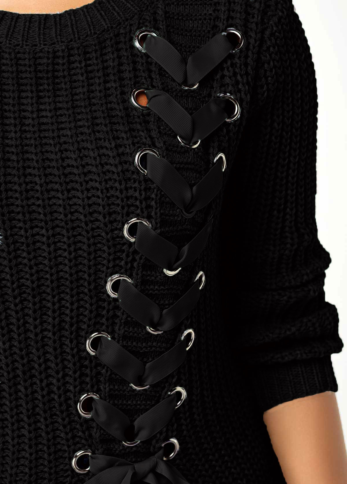 Black tops,Plain Color tops,Lace Up Asymmetric Hem Rib Knit Sweater