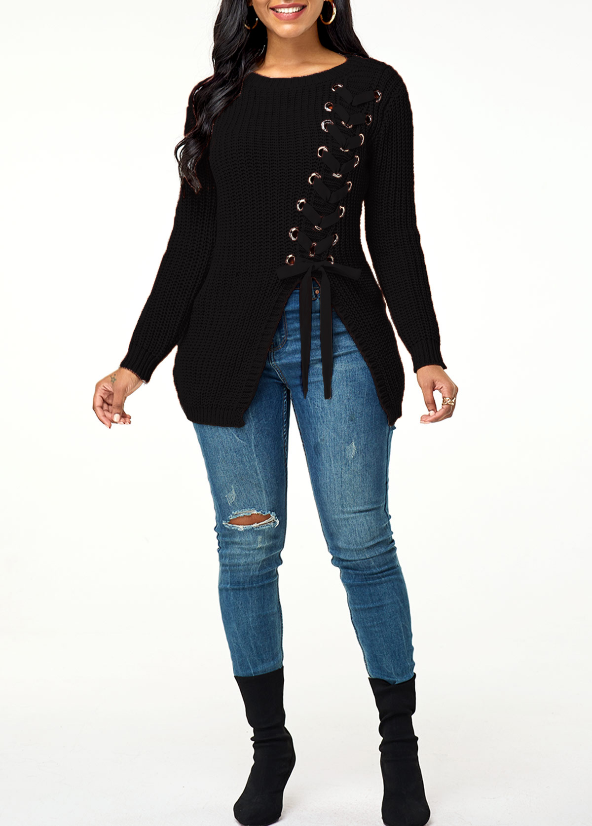 Black tops,Plain Color tops,Lace Up Asymmetric Hem Rib Knit Sweater