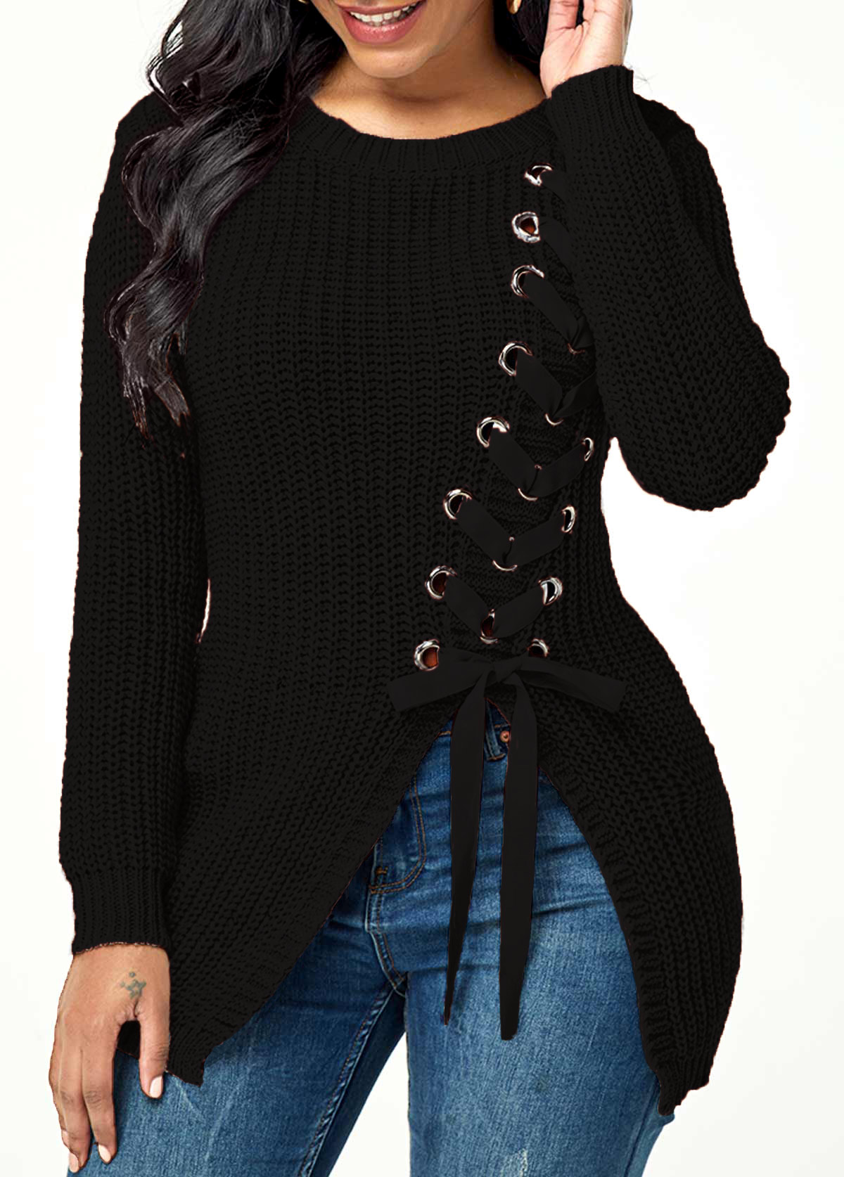 Black tops,Plain Color tops,Lace Up Asymmetric Hem Rib Knit Sweater