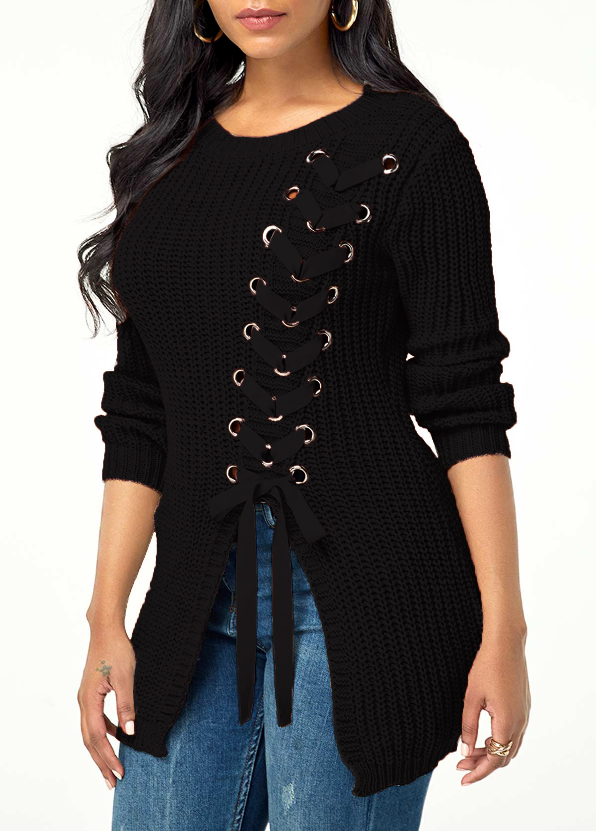 Black tops,Plain Color tops,Lace Up Asymmetric Hem Rib Knit Sweater