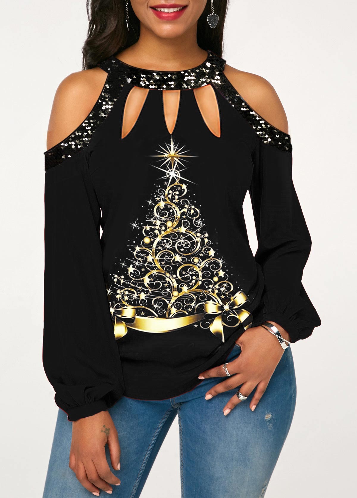 ROTITA Sequin Detail Cold Shoulder Christmas Tree Print Blouse