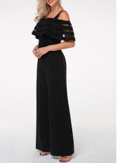 Black jumpsuits & rompers,Plain Color jumpsuits & rompers,ROTITA Overlay Embellished Strappy Cold Shoulder Black Jumpsuit 