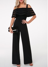 Black jumpsuits & rompers,Plain Color jumpsuits & rompers,ROTITA Overlay Embellished Strappy Cold Shoulder Black Jumpsuit 