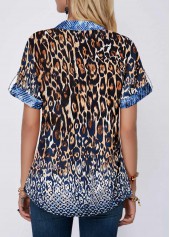 Multi Color tops,Leopard tops,ROTITA Turndown Collar Button Front Leopard Print Blouse