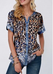 ROTITA Turndown Collar Button Front Leopard Print Blouse