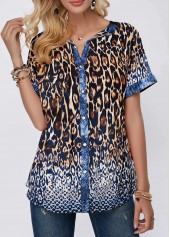 Multi Color tops,Leopard tops,ROTITA Turndown Collar Button Front Leopard Print Blouse