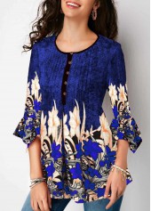 Blue tops,Floral tops,ROTITA Blue Button Up Pleated Flare Sleeve Blouse