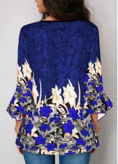 Blue tops,Floral tops,ROTITA Blue Button Up Pleated Flare Sleeve Blouse