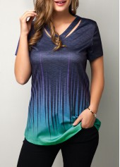 Blue tops,Contrast Color tops,ROTITA Cutout Neckline Dazzle Color Short Sleeve T Shirt