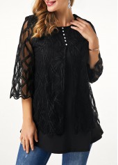 ROTITA Button Detail Lace Panel Round Neck T Shirt