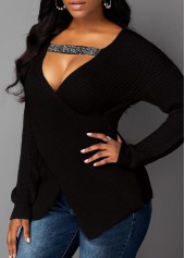 Black tops,Plain Color tops,Asymmetric Hem Black Cutout Front Sweater