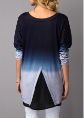 Blue tops,Ombre tops,ROTITA Long Sleeve Round Neck Asymmetric Hem T Shirt