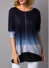 Blue tops,Ombre tops,ROTITA Long Sleeve Round Neck Asymmetric Hem T Shirt