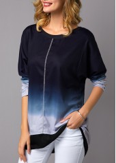 Blue tops,Ombre tops,ROTITA Long Sleeve Round Neck Asymmetric Hem T Shirt