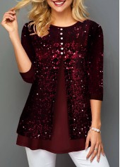 ROTITA Sequin Panel Wine Red Button Detail T Shirt