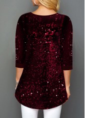 Wine Red tops,Plain Color tops,ROTITA Sequin Panel Wine Red Button Detail T Shirt