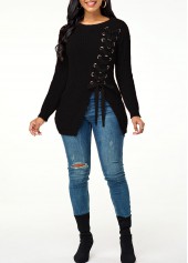 Black tops,Plain Color tops,Lace Up Asymmetric Hem Rib Knit Sweater