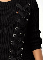Black tops,Plain Color tops,Lace Up Asymmetric Hem Rib Knit Sweater