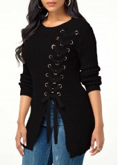 Black tops,Plain Color tops,Lace Up Asymmetric Hem Rib Knit Sweater