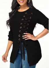 Black tops,Plain Color tops,Lace Up Asymmetric Hem Rib Knit Sweater