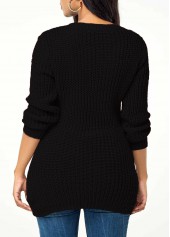 Black tops,Plain Color tops,Lace Up Asymmetric Hem Rib Knit Sweater