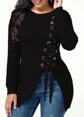 Lace Up Asymmetric Hem Rib Knit Sweater