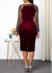Wine Red dresses,Contrast Color dresses,ROTITA Mesh Panel Back Slit Sequin Detail Sheath Dress