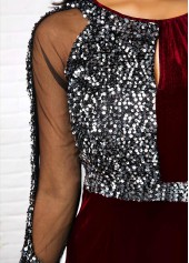 Wine Red dresses,Contrast Color dresses,ROTITA Mesh Panel Back Slit Sequin Detail Sheath Dress