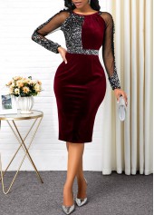 Wine Red dresses,Contrast Color dresses,ROTITA Mesh Panel Back Slit Sequin Detail Sheath Dress