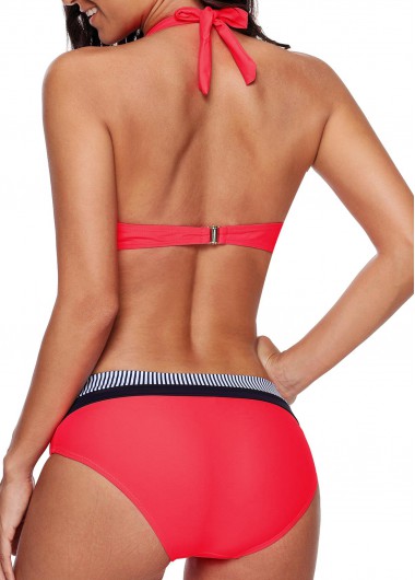 Hot Pink swimwear,Striped swimwear,ROTITA Halter Padded Stripe Print Bikini Set