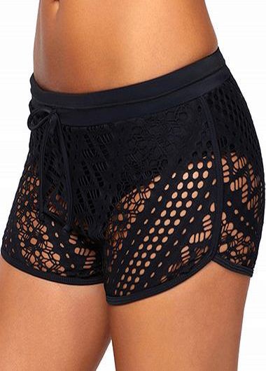 Black swimwear,Plain Color swimwear,Lace Panel High Waist Black Swimwear Shorts  