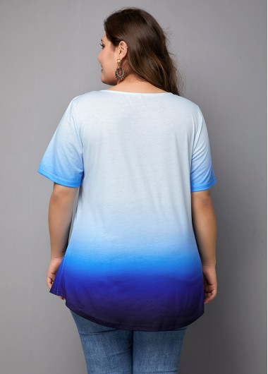 Blue plus size,Plain Color plus size,ROTITA Ombre Tribal Print Short Sleeve Blouse