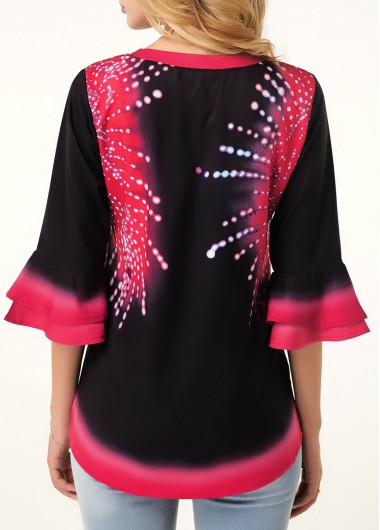 Floral tops,ROTITA Split Neck Flare Cuff Button Detail Printed Blouse