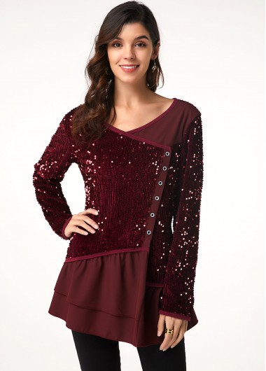 Wine Red tops,Contrast Color tops,ROTITA Long Sleeve Button Detail Sequin Embellished T Shirt