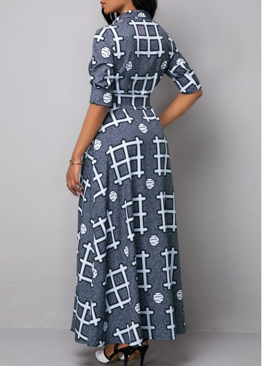 Multi Color dresses,Geometric dresses,ROTITA Long Sleeve Geometric Print Turndown Collar Dress 
