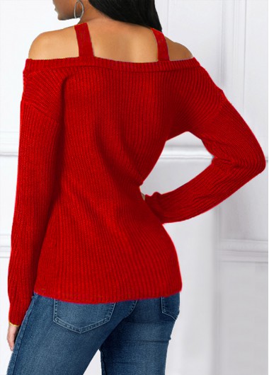 Red tops,Plain Color tops,ROTITA Asymmetric Hem Cold Shoulder Cross Strap Sweater