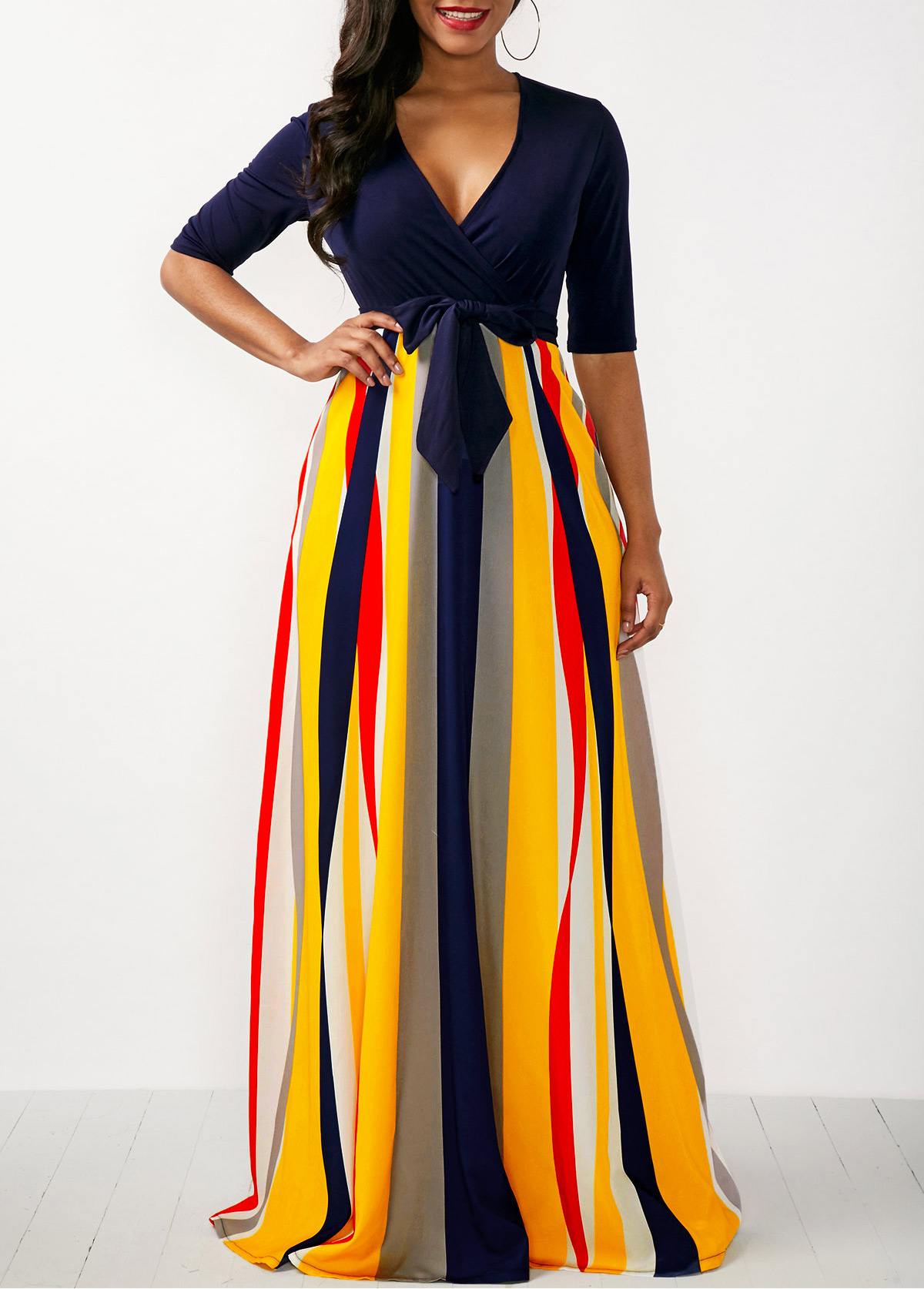 ROTITA Rainbow Color Half Sleeve Striped Maxi Dress