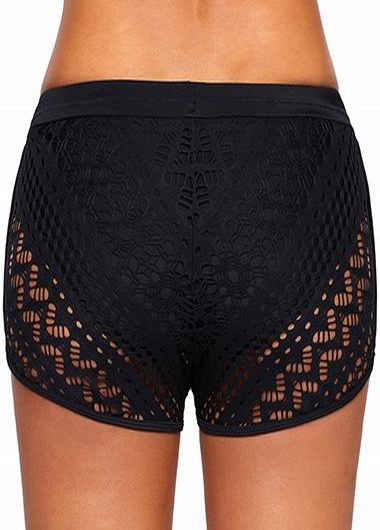 Black swimwear,Plain Color swimwear,Lace Panel High Waist Black Swimwear Shorts  